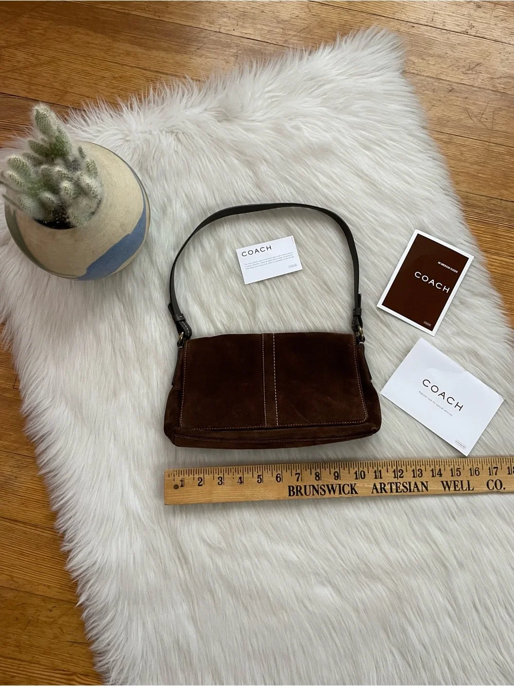 Coach Dark Brown Suede Shoulder Bag with Black Strap